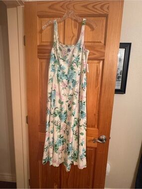 Old Navy Cream Floral Midi Dress with Blue and Green Print